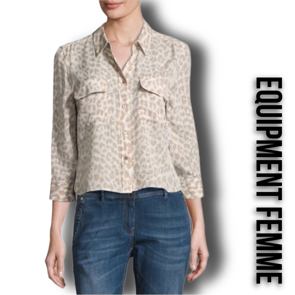 Equipment Femme Neutral Leopard Print Silk Button Down Crop Long Sleeve Blouse